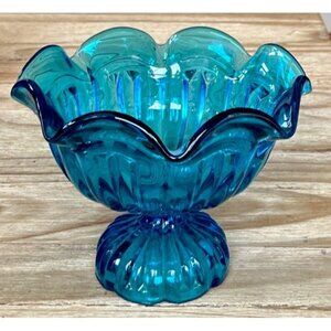 LE Smith Peacock Blue Handkerchief Compote Pedestal Dish Vintage Glass 1960s